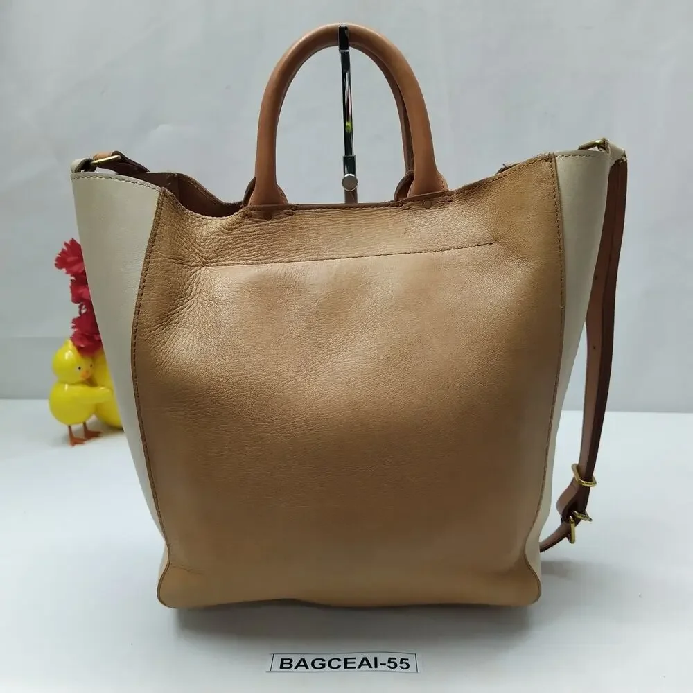 Madewell Colorblock Brown Ivory Leather Double Handles Satchel Shoulder Bag